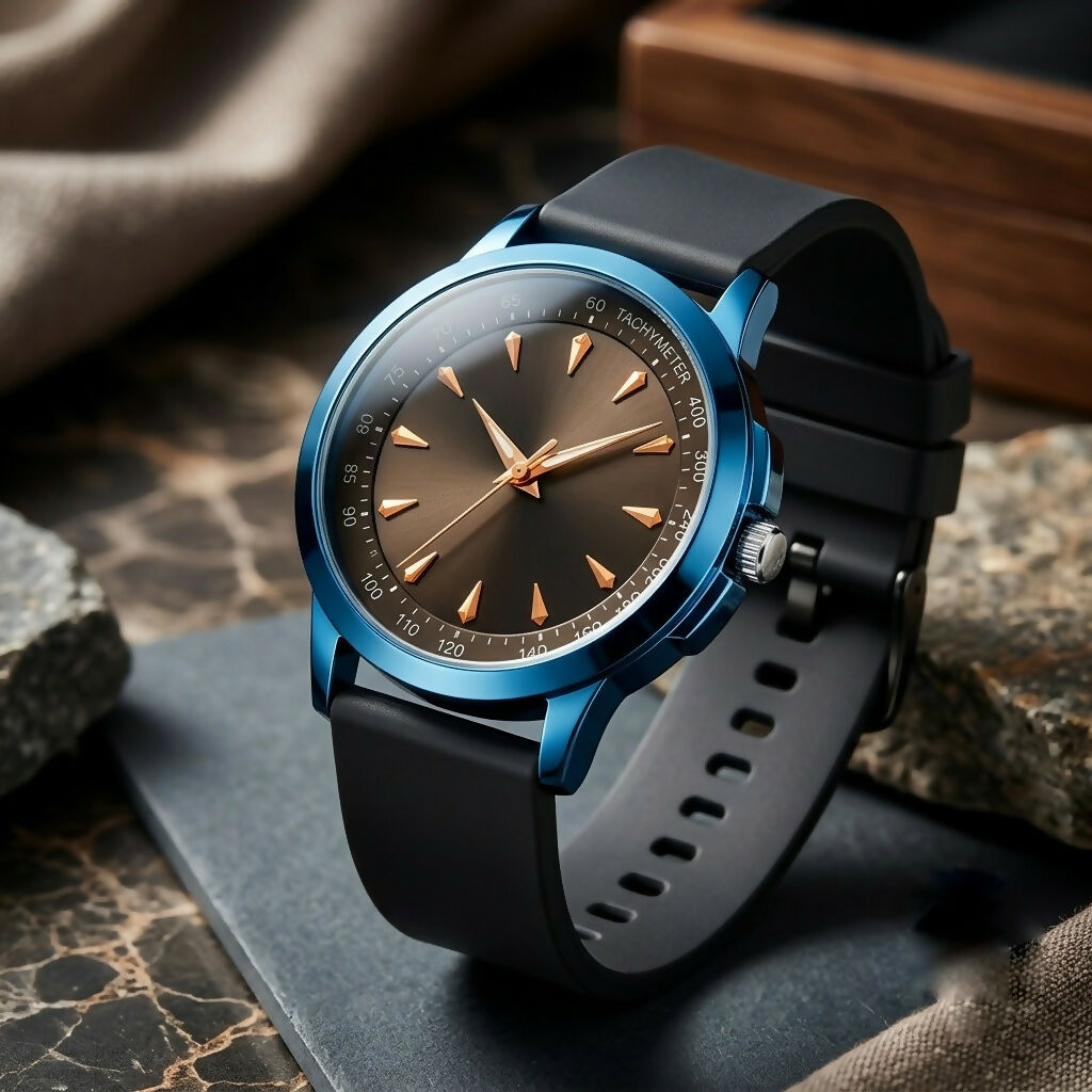 A blue watch with a black strap and golden hour markers is displayed on a dark stone, with a textured cloth nearby.