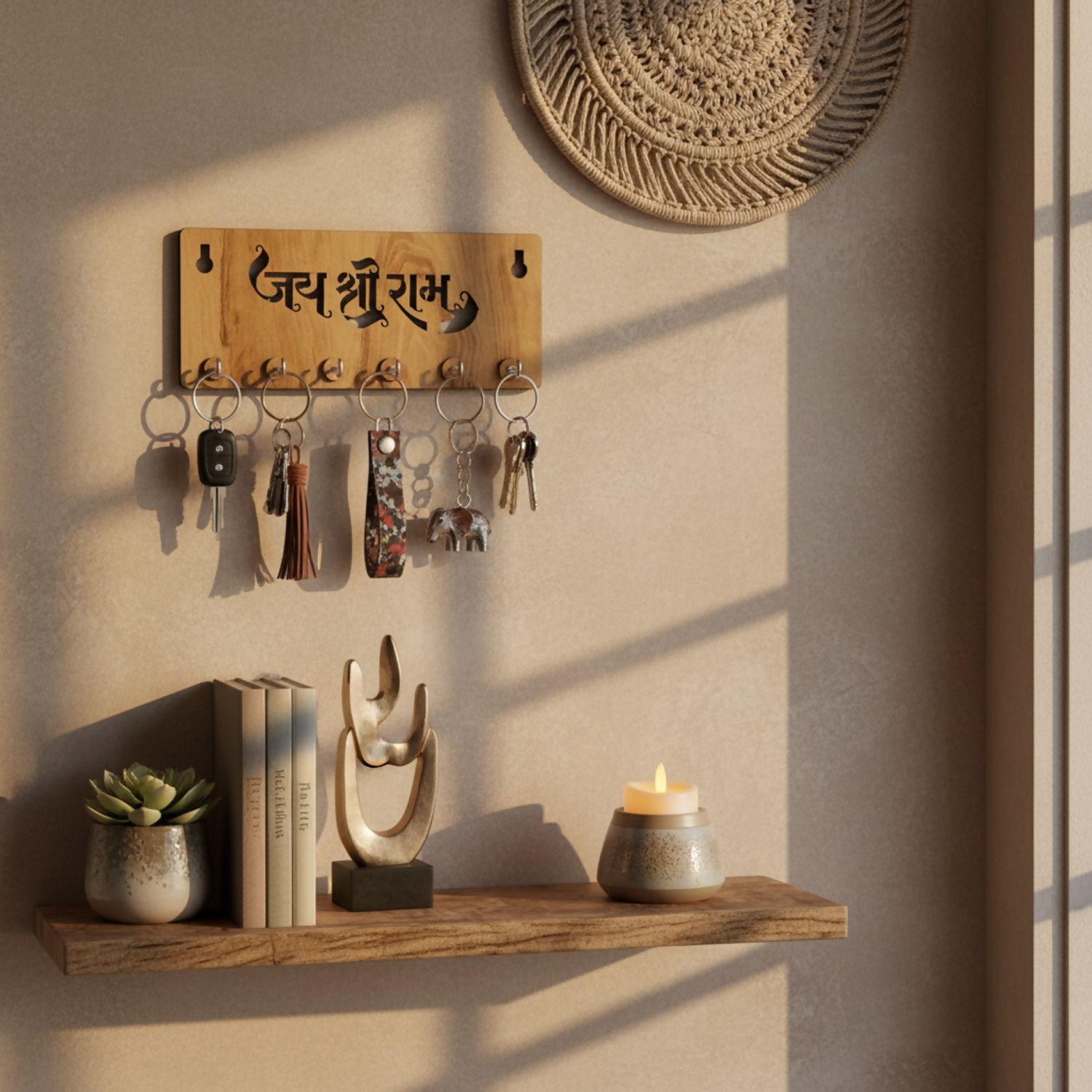 Jay Shree Ram Wooden Key Holder for Wall – Handcrafted MDF Wall Key Organizer | Spiritual Home Décor