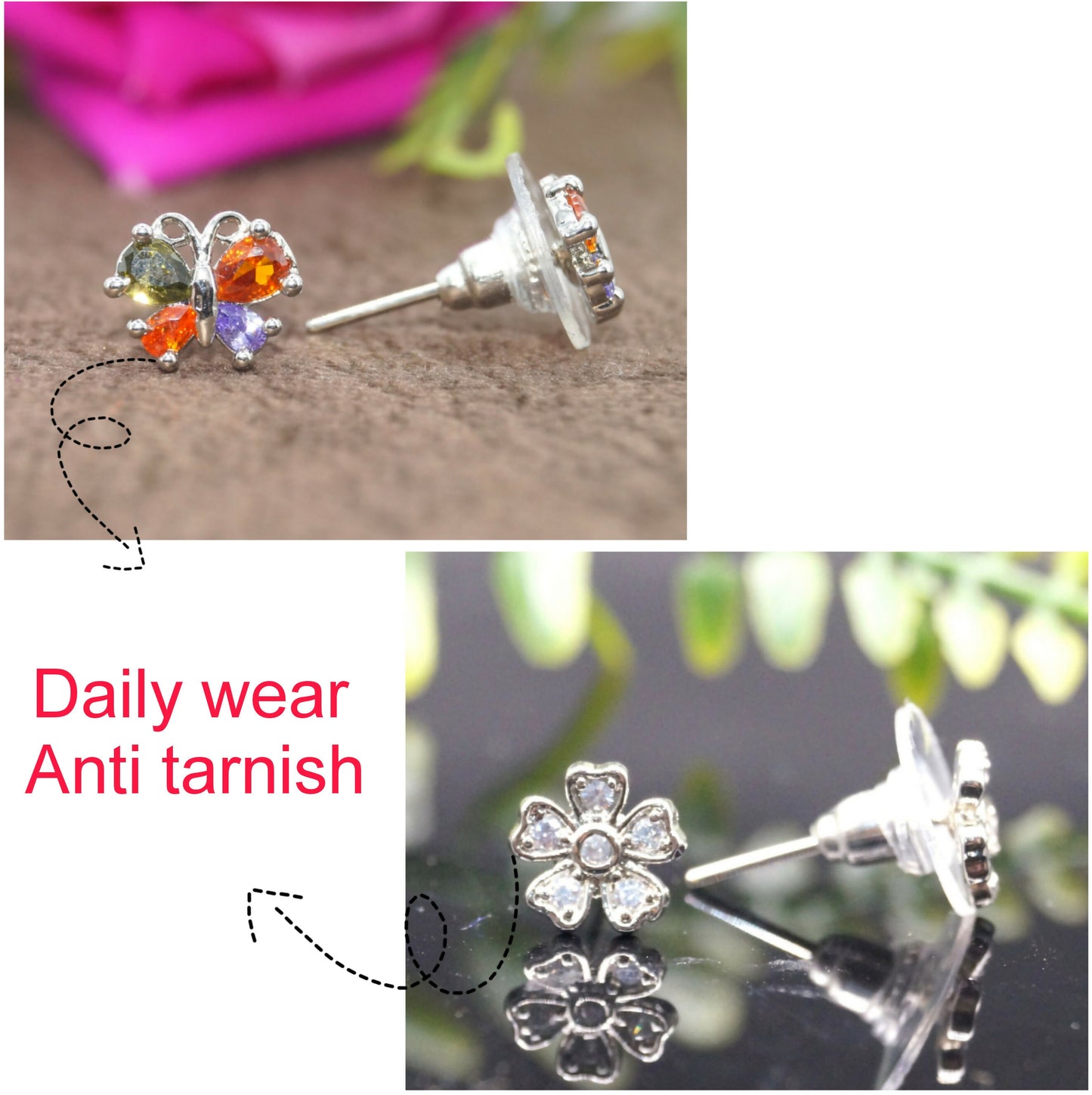Silver-tone dainty flower stud earrings with clear cubic zirconia stones close-up
