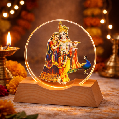 Radha Krishna Acrylic LED Lamp with Wooden Base | Night Light for Home Temple