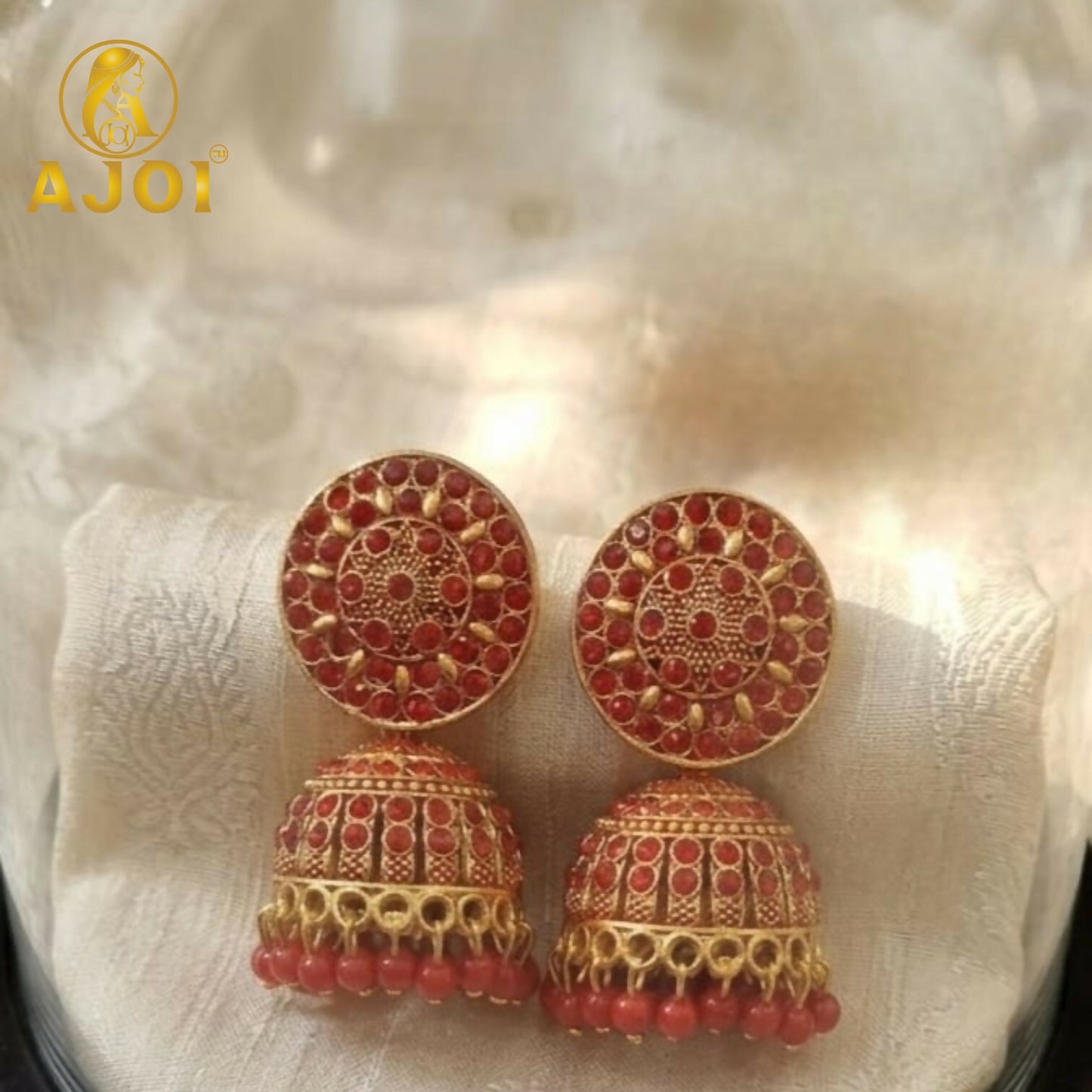 Antique Gold Red Stone Jhumka Earrings Traditional Ethnic Jewelry
