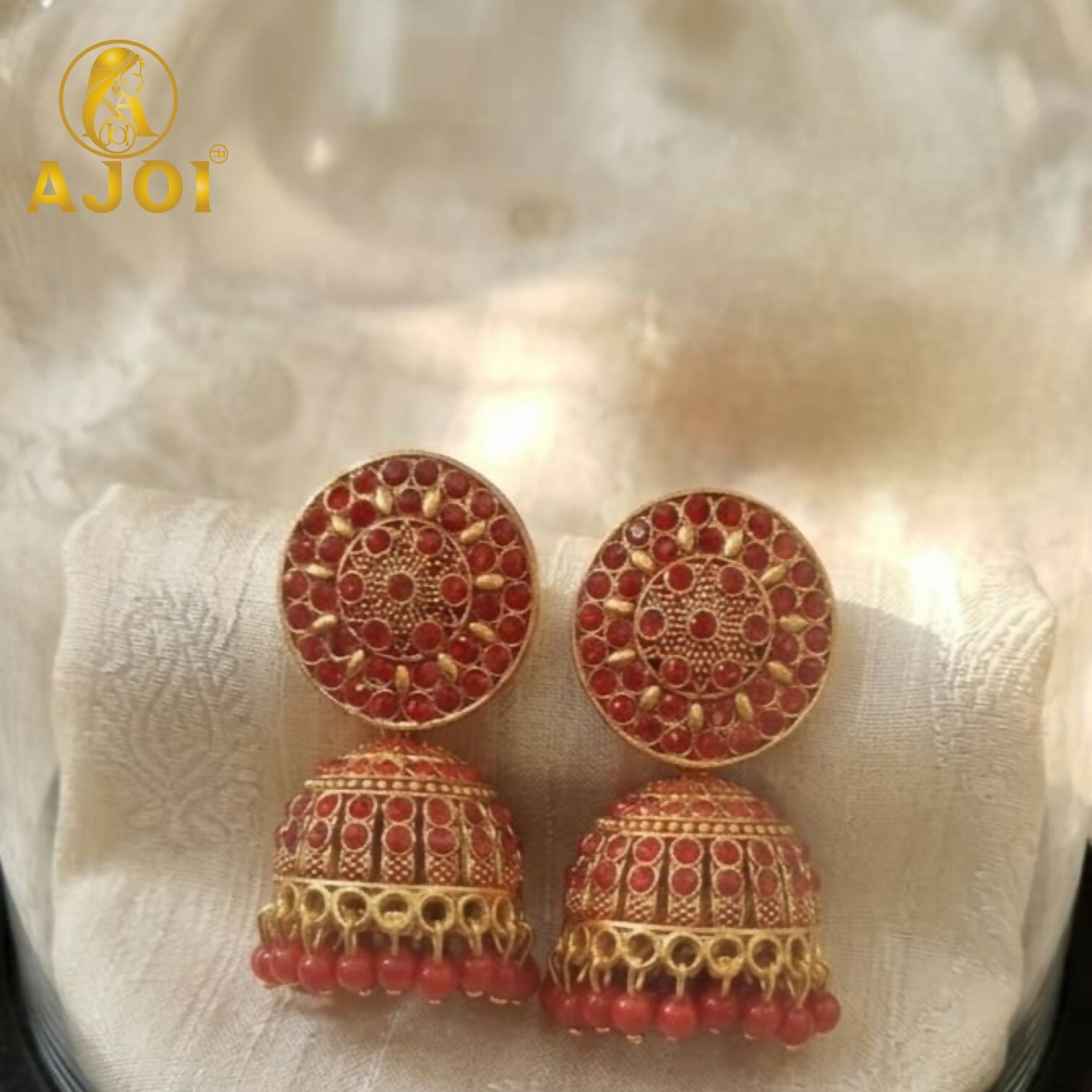 Antique Gold Red Stone Jhumka Earrings Traditional Ethnic Jewelry
