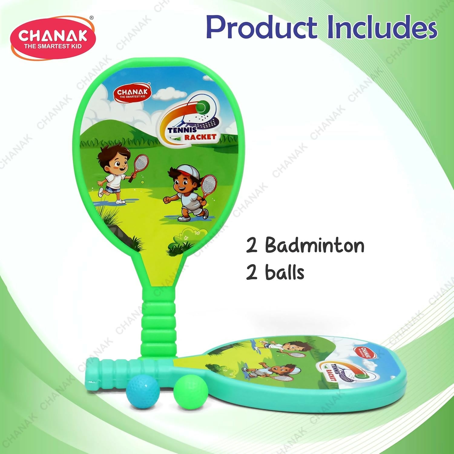 Two plastic tennis rackets and matching balls suitable for safe indoor and outdoor games.
