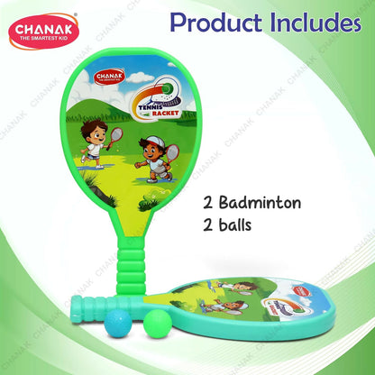 Two plastic tennis rackets and matching balls suitable for safe indoor and outdoor games.