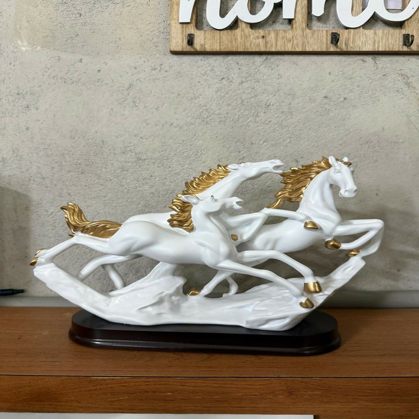 Three Running Horses Showpiece for Home Decor | White & Gold Finish
