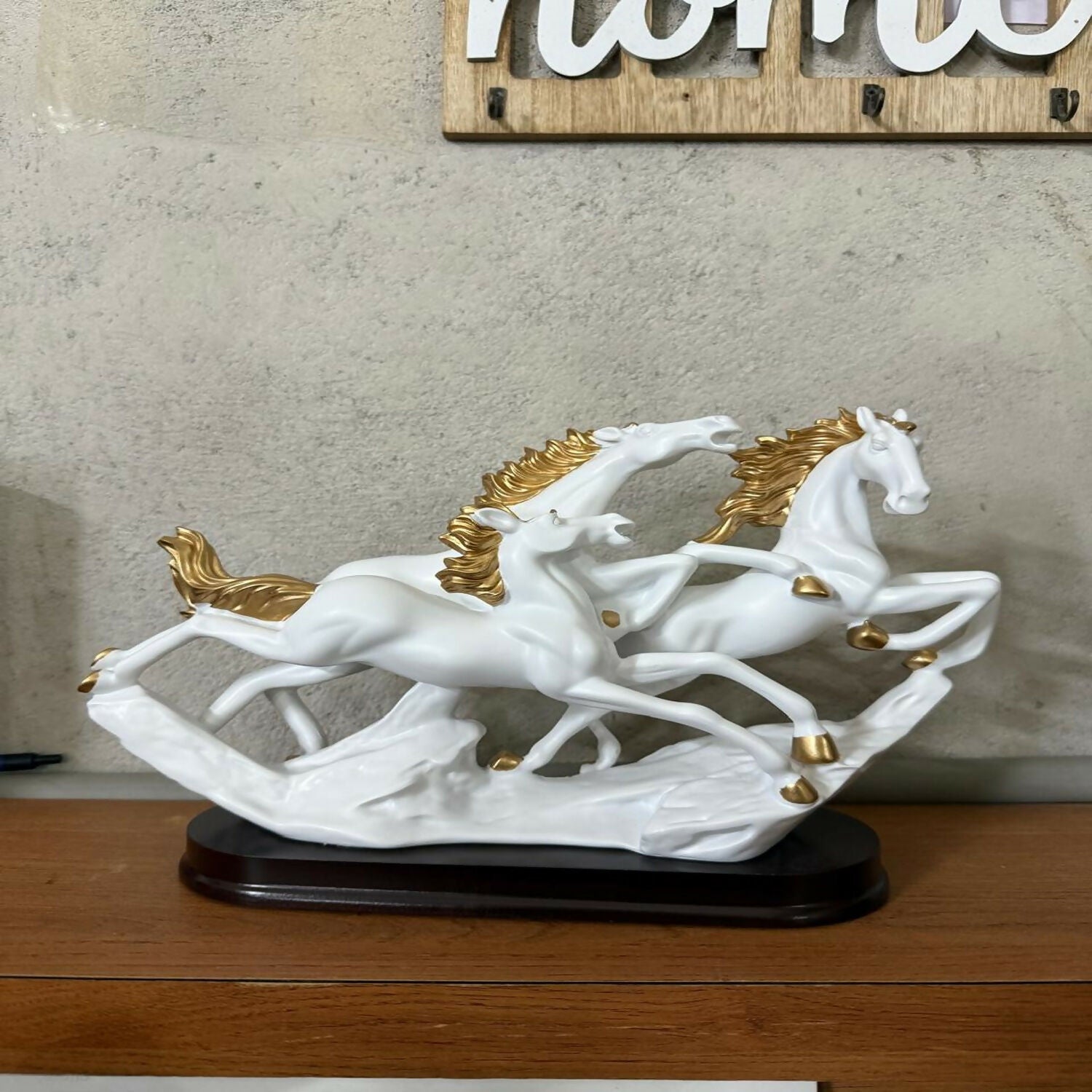 Three Running Horses Showpiece for Home Decor | White & Gold Finish