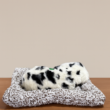 Premium Plush Dalmatian Puppy Toy Sleeping on Soft Knitted Cushion | Realistic Faux Fur Pet Dog Figurine for Home Decor, Desk Tabletop & Gift | Handcrafted Decorative Sleeping Puppy Model – Cute Animal Showpiece