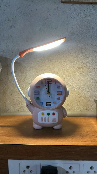 Pink Astronaut Desk Lamp with Alarm Clock for Kids Study Table Bedroom
