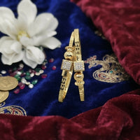 Exquisite Golden-Plated Geometric Motif Kadli Bangles Set with Sparkling CZ Stones (Imitation Jewellery)