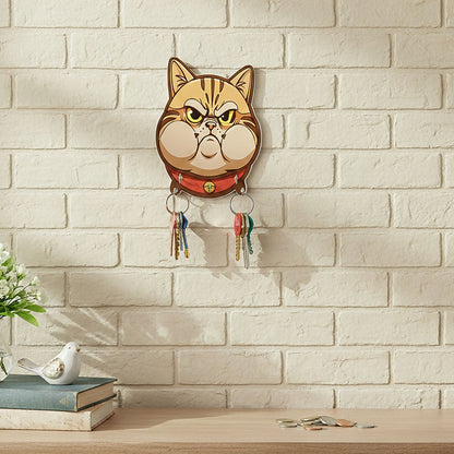 Cute Cartoon Cat Wooden Key Holder Wall Mounted Decorative Key Rack for Home Entrance