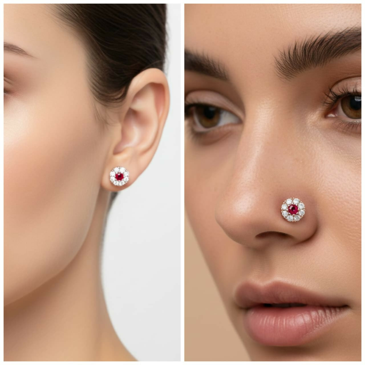 Side view of six rose gold ruby nose pins with diamond halos