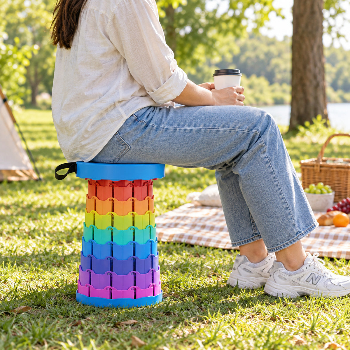 Rainbow Telescopic Folding Stool with Carry Strap, Portable Camping Seat (1 Pc)