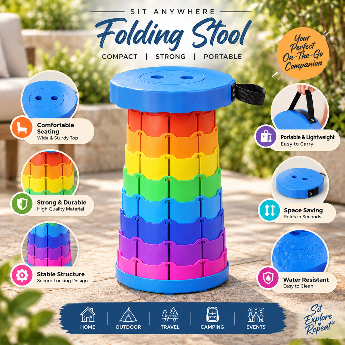 Rainbow Telescopic Folding Stool with Carry Strap, Portable Camping Seat (1 Pc)