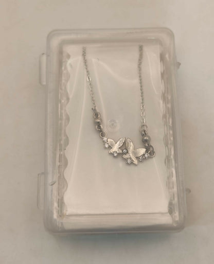 Silver Tone AD Pave Double Butterfly Bar Pendant Necklace