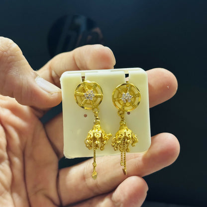 Premium Gold Finish Wheel Style Jhumki with Chain Tassels