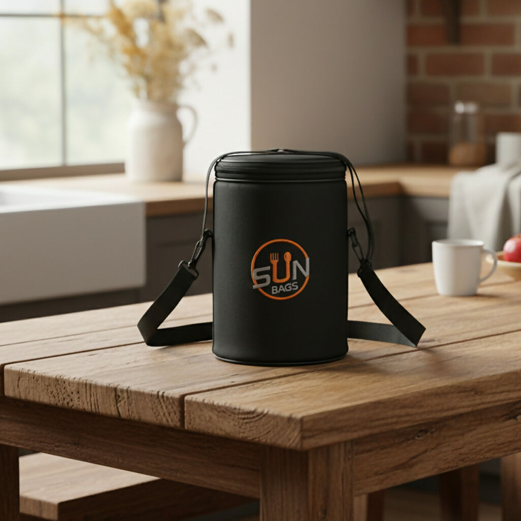 Sun Bags Round Tiffin Bag | Premium Lunch Bag with Shoulder Strap | Durable Fabric | Compact Food Carrier for Office, School & Travel (Black)