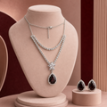 Midnight Teardrop Crystal Necklace Set with Floral Pendant and Stud Earrings