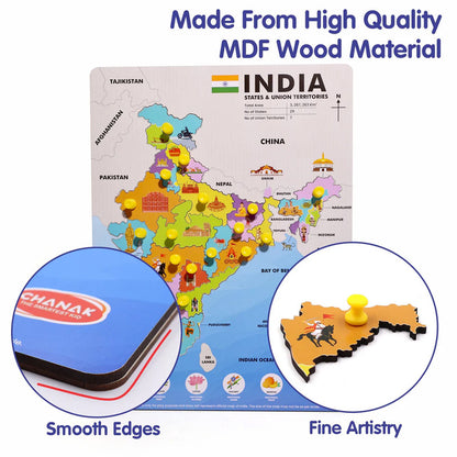 Aditi India Map Wooden Puzzle with Pegs for State Learning & Geography Play