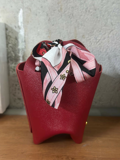 Mini Red Handbag with Printed Scarf | Stylish Bucket Purse for Women