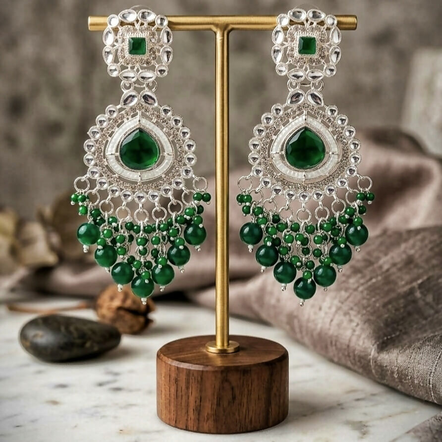 Emerald Green Kundan & Pearl Chandbali Earrings – Silver-Toned Festive Jhumkas