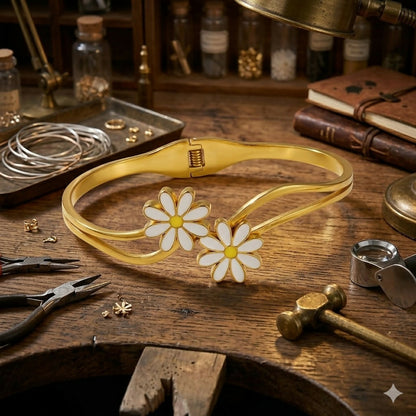 Detailed floral segments of botanical kada bracelet