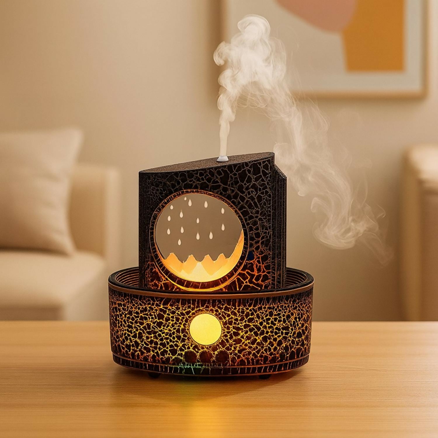 Mountain Scene Aroma Diffuser with LED Flame & Mist | Crackle Design Humidifier