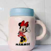 Pastel Pink Ceramic Cartoon Mug with Lid – Cute Character Print Coffee & Tea Cup – 350 ml Matte Finish – Ideal Gift for Kids & Adults