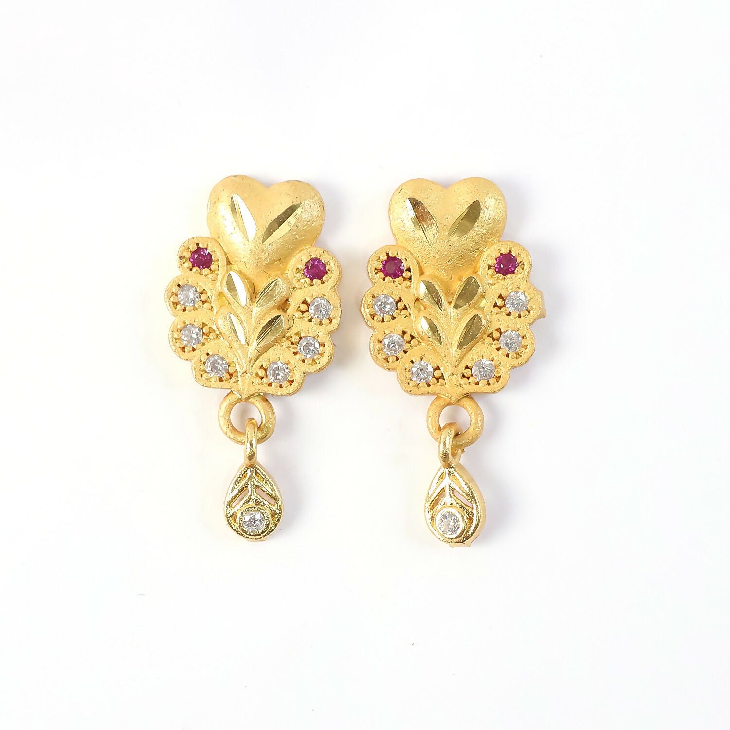 Floral Inspired Gold Stud Earrings With Central Stone And Teardrop Dangle Detail
