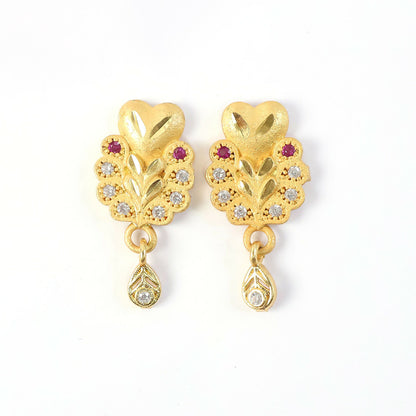 Floral Inspired Gold Stud Earrings With Central Stone And Teardrop Dangle Detail