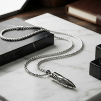 Silver Wolf Tooth Pendant Necklace for Men with Box Chain Textured Spike Neckpiece