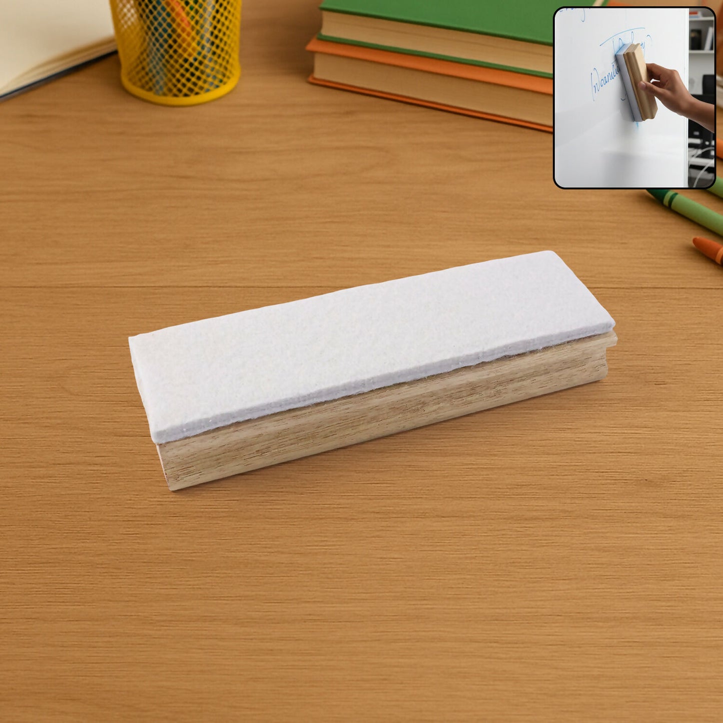 Wooden whiteboard duster with soft eraser surface