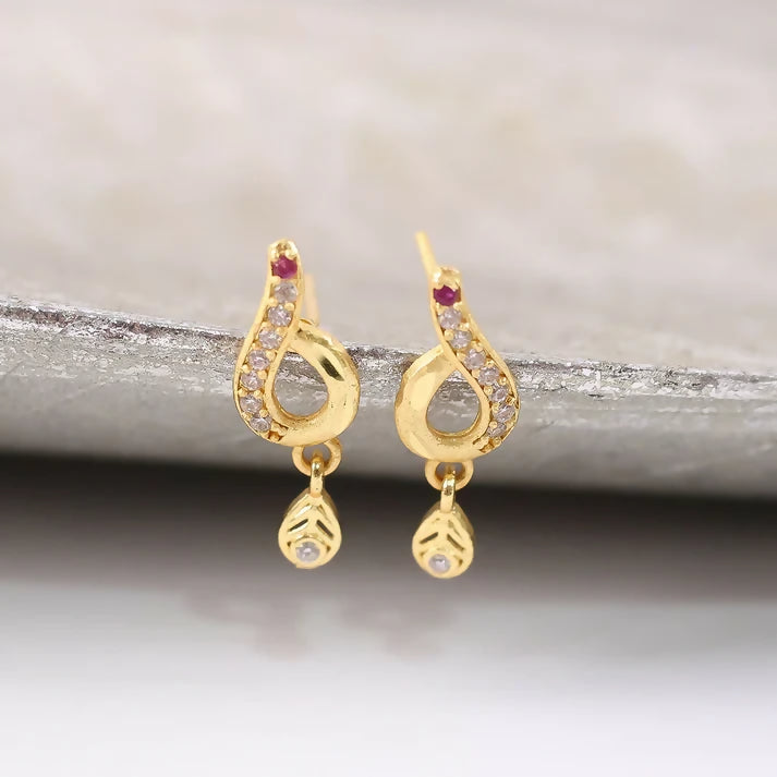 Minimal Curved Leaf Gold Earrings With Crystal Line Work And Small Drop Detailing