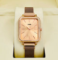 Gold Square Analog Watch – Elegant Mesh Strap Design