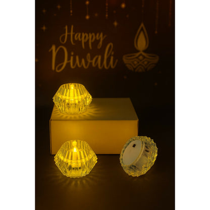 Set of 24 Crystal LED Diya Candles | Battery Operated Flameless Decorative Lights | Diamond-Cut Crystal Effect Tea Lights for Diwali, Pooja, Mandir, Wedding & Festive Décor
