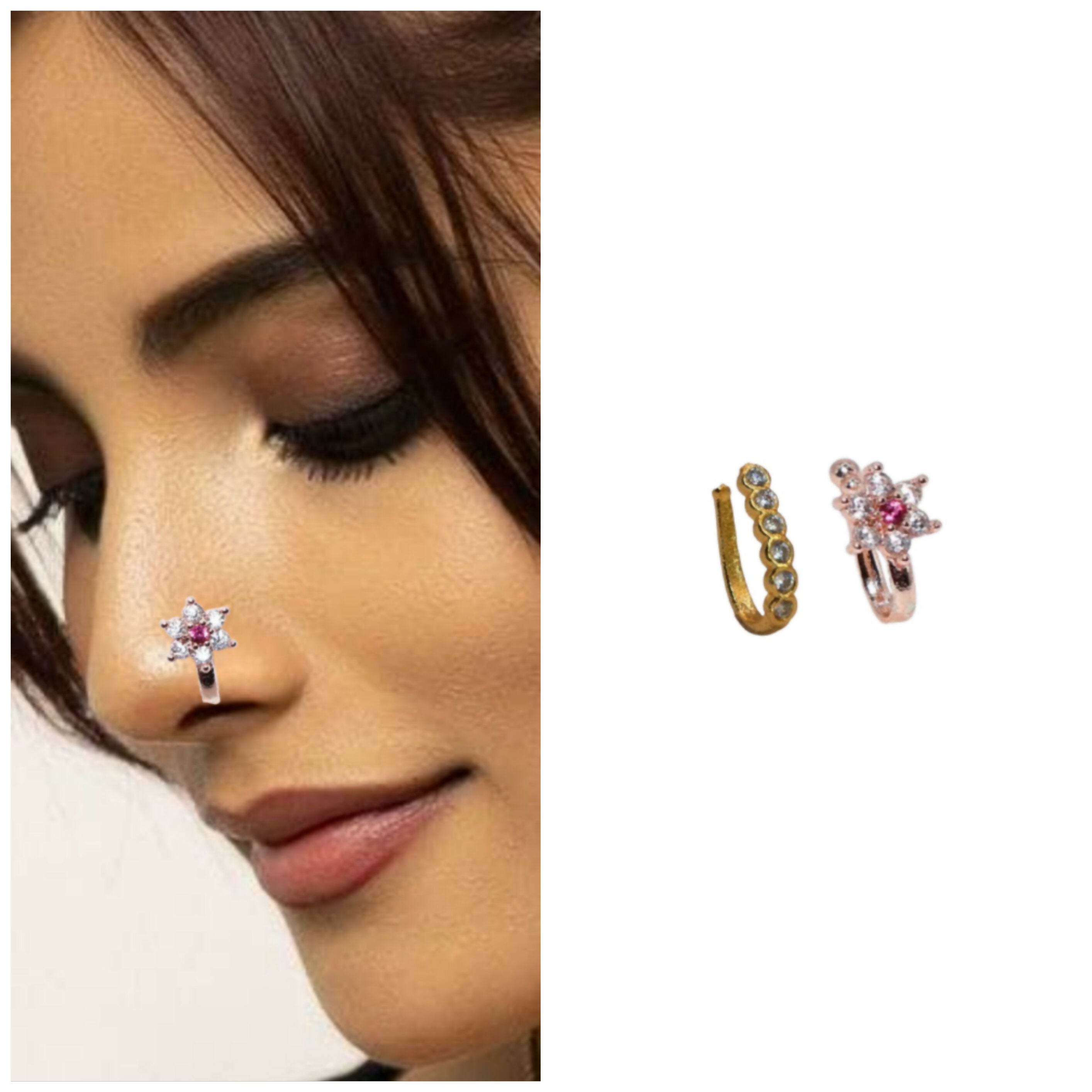2 Pcs Non-Piercing CZ Nose Clip Set - Flower & Pave Hoop