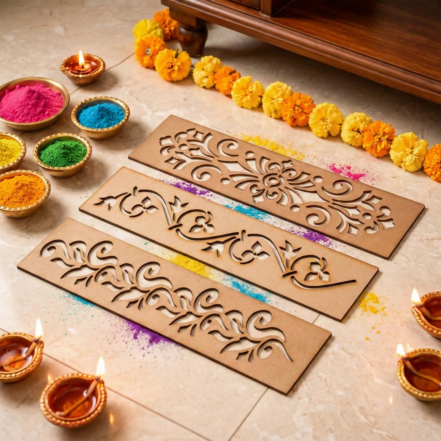 Wooden Rangoli Border Stencil Set of 5 – Reusable MDF Designs