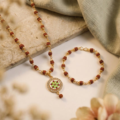 Rudraksha Necklace & Bracelet Set with Floral Pendant