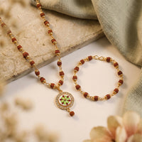 Rudraksha Necklace & Bracelet Set with Floral Pendant