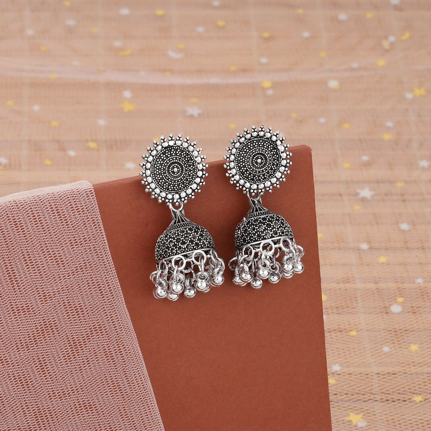 Classic oxidised Silver Jhumka Earings With Round Stud