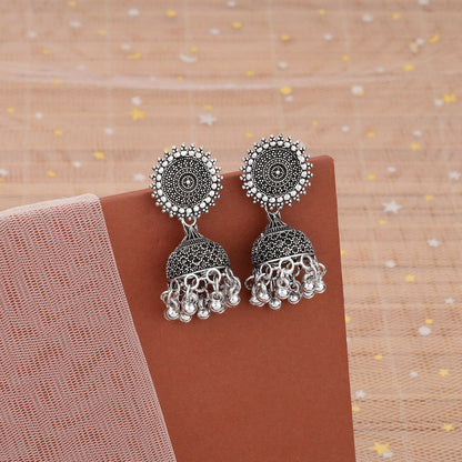 Classic oxidised Silver Jhumka Earings With Round Stud