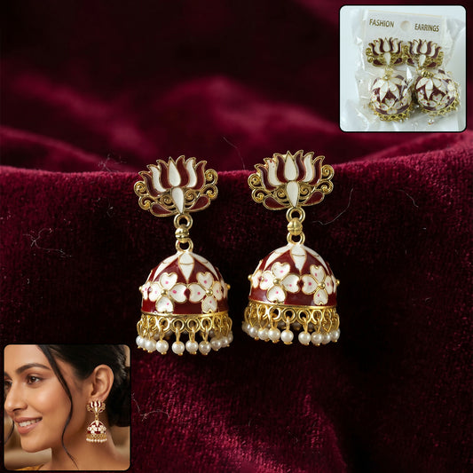 Maroon lotus jhumka earrings with pearl beads front view