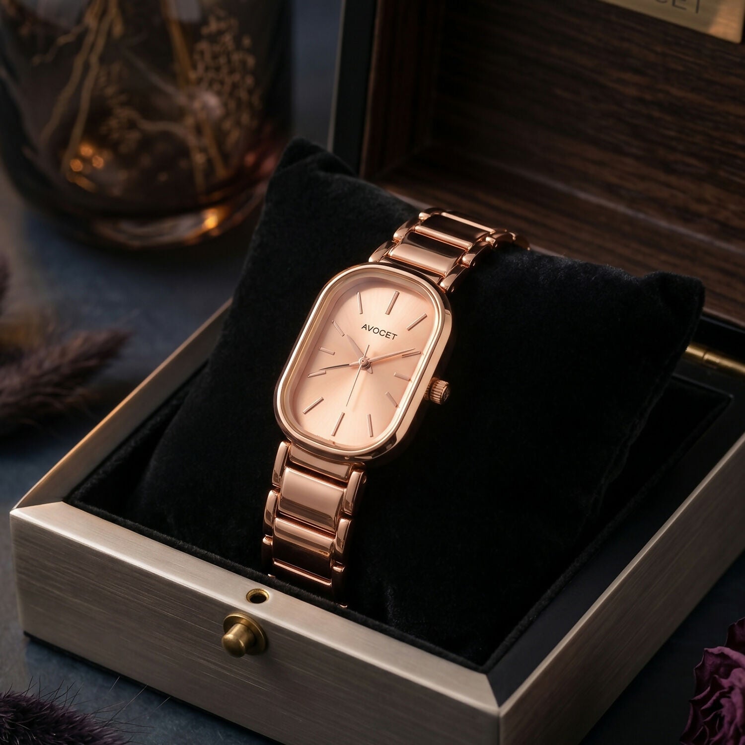 Elegant Rose Gold Rectangular Dial Women’s Watch with Premium Metal Strap