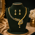 Luxury Imitation Jewellery Designer Golden Necklace Set for Women | Geometric Asymmetric CZ Studded Choker with Matching Drop Earrings