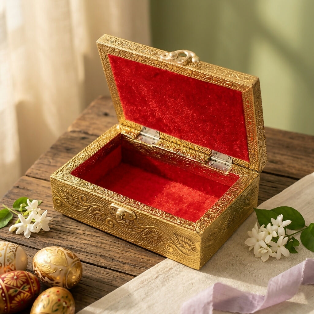 Antique gold-finished brass jewelry box with secure latch