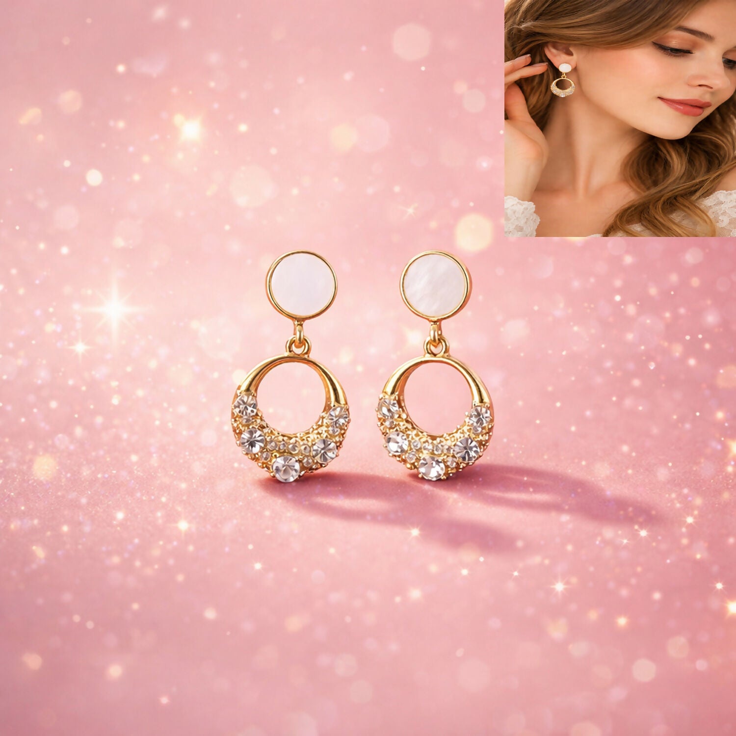 Gold crystal drop earrings with shimmering crystals and pearl detail
