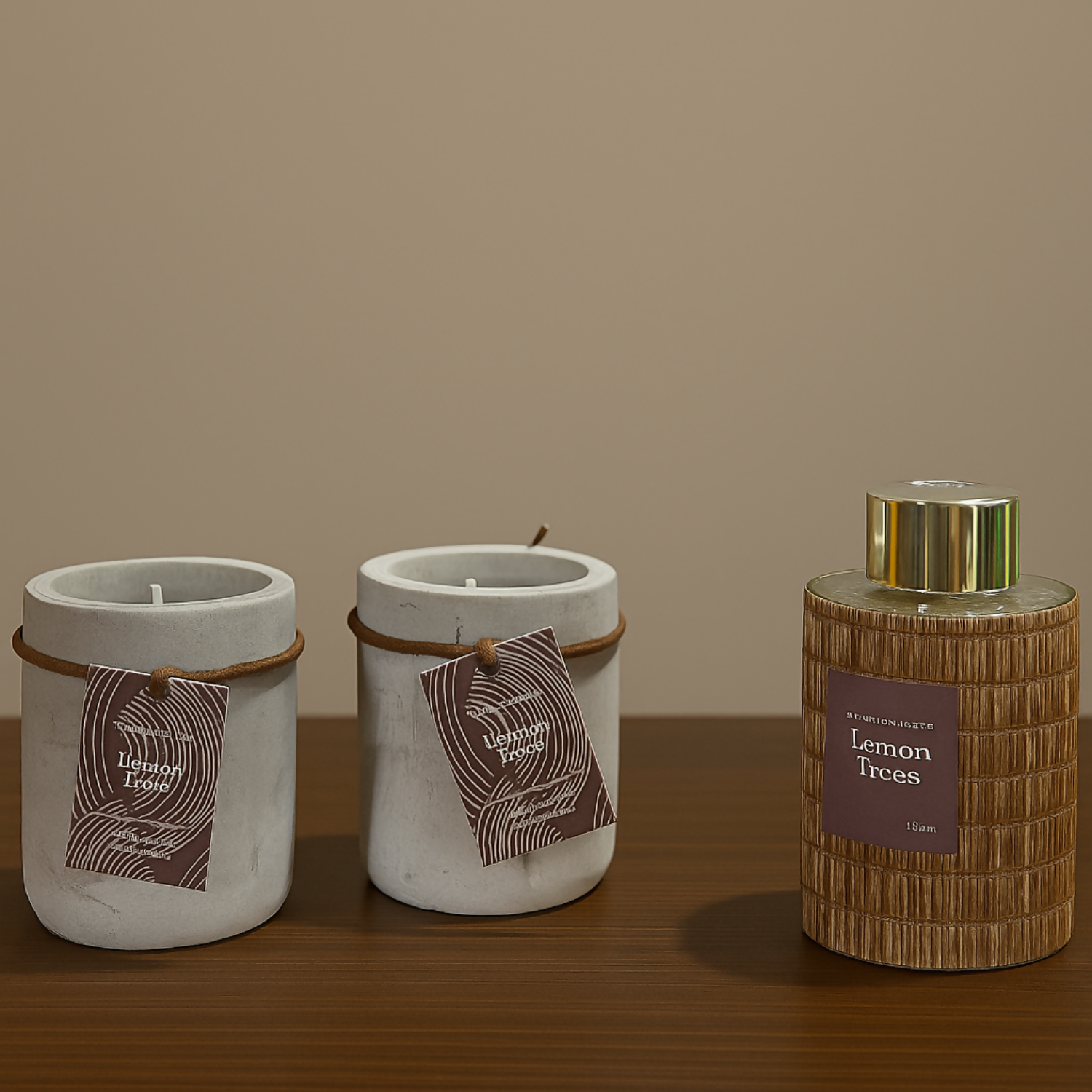 Lemon Trees Premium Aromatherapy Gift Set – Scented Candle & Reed Diffuser Combo in Concrete Jars with Wooden Accents, Relaxing Home Fragrance Set for Living Room, Bedroom, Spa & Office Décor