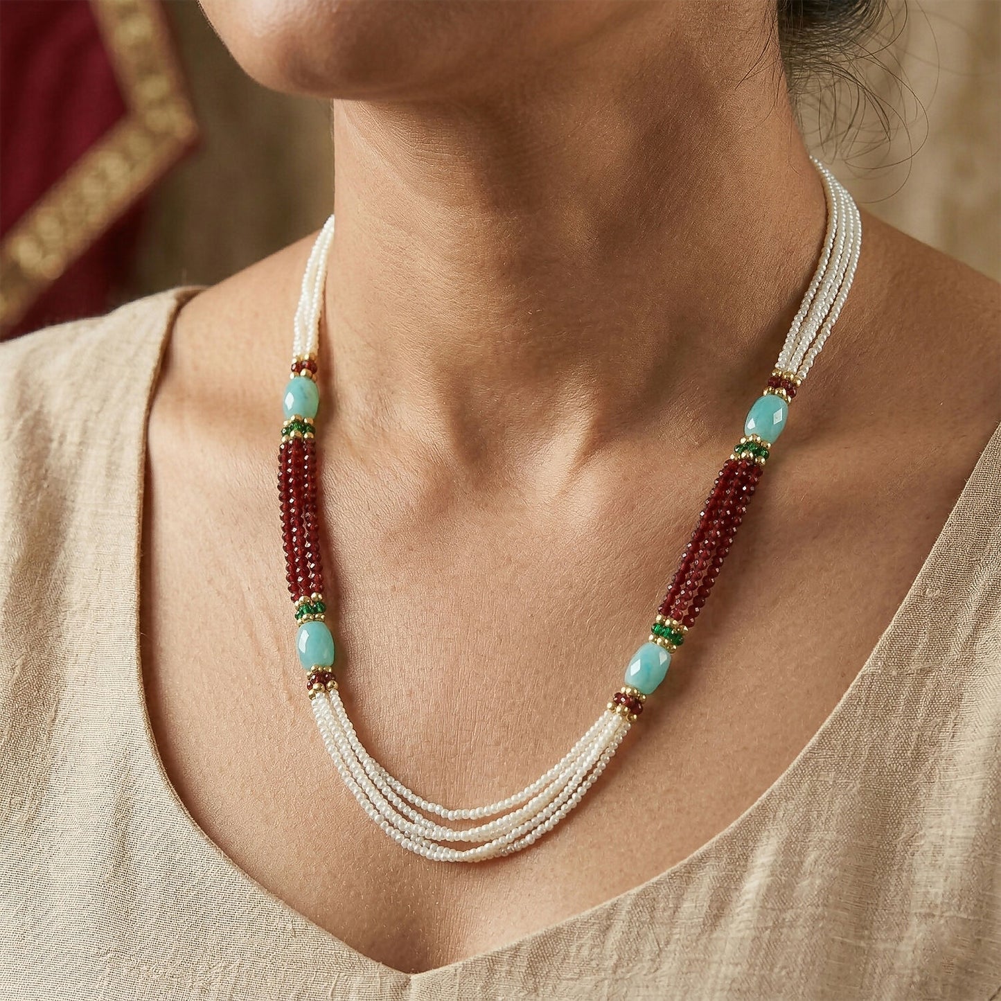 Close-up of handmade pearl necklace beads