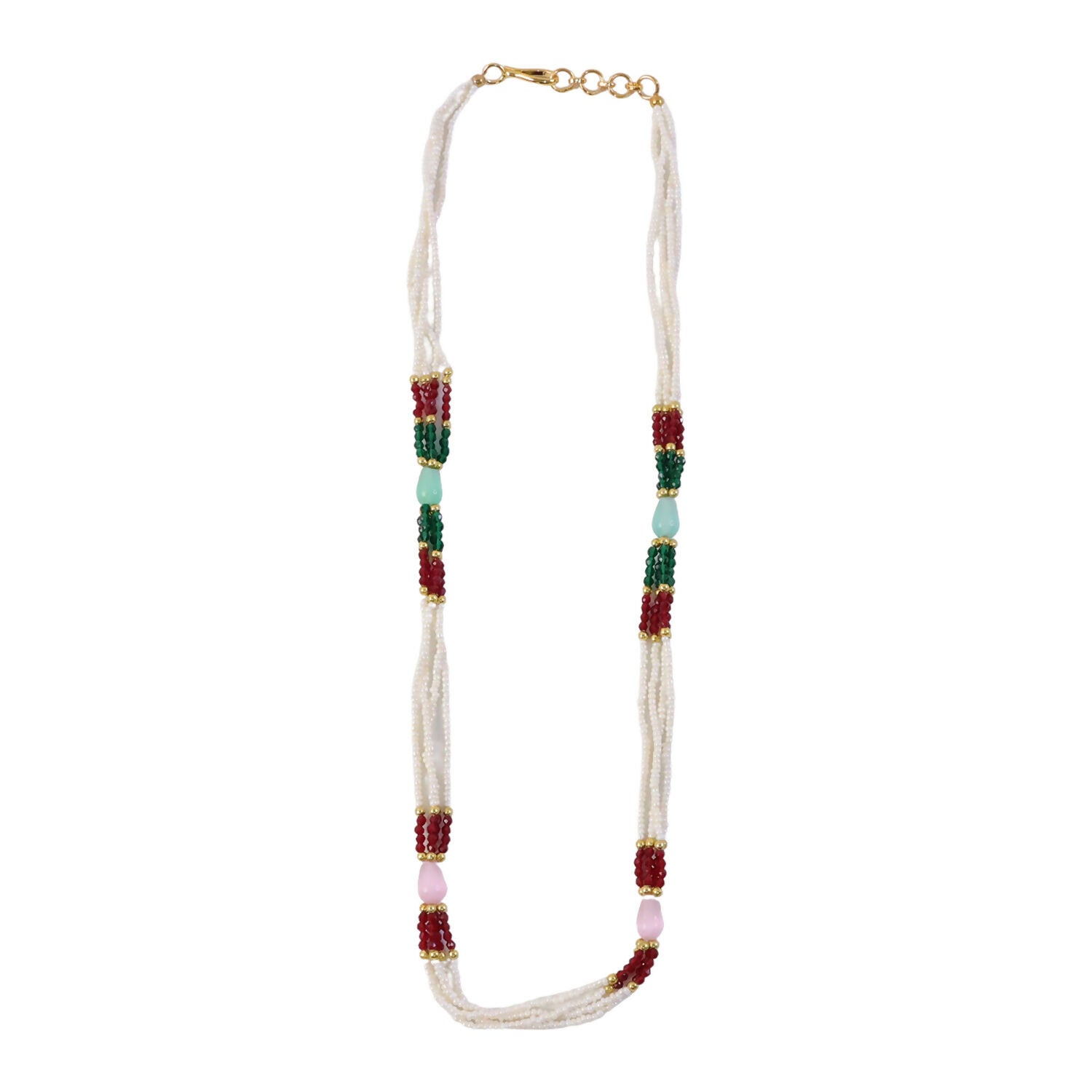 Elegant Multi-Layer Pearl Beaded Necklace with Red, Green & Pastel Stone Accents