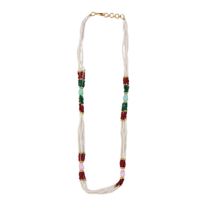 Elegant Multi-Layer Pearl Beaded Necklace with Red, Green & Pastel Stone Accents