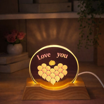 Love You Acrylic LED Lamp with Wooden Base Romantic Heart Gift Light